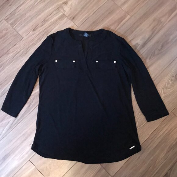 Tahari Black Blouse Top with Faux Pockets 3/4 Sleeves Size M - Picture 1 of 7